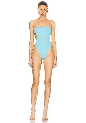 Saint Laurent Cut Out One Piece Swimsuit in Bleu Topaze - Teal. Size L (also in S, XS).