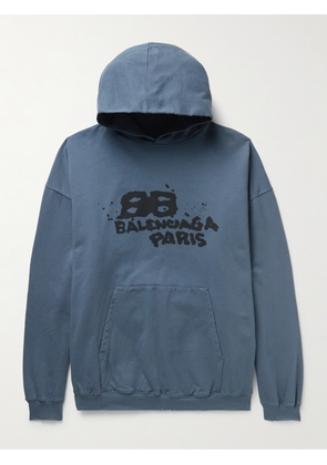 Balenciaga - Oversized Distressed Logo-Print Cotton Hoodie - Men - Blue - XS