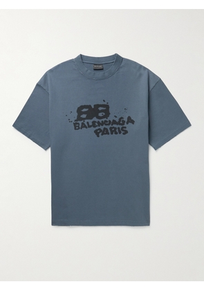Balenciaga - Distressed Logo-Print Cotton-Jersey T-Shirt - Men - Blue - XS