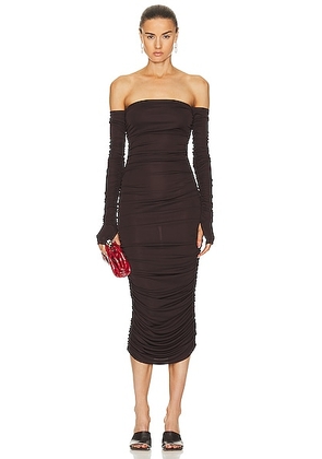 The Andamane Linda Midi Off Shoulder Dress in Dark Brown - Chocolate. Size 40 (also in ).