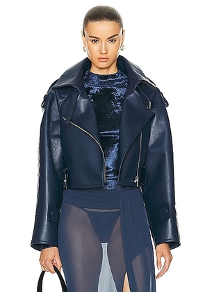 Lapointe Bonded Faux Leather Belted Moto Jacket in Ink - Navy. Size L (also in M, S).