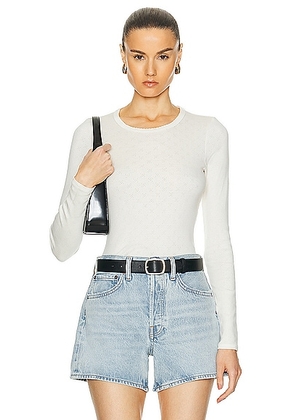 Enza Costa Scallop Edge Pointelle Long Sleeve Crew Top in Cloud - Cream. Size L (also in M, S, XS).