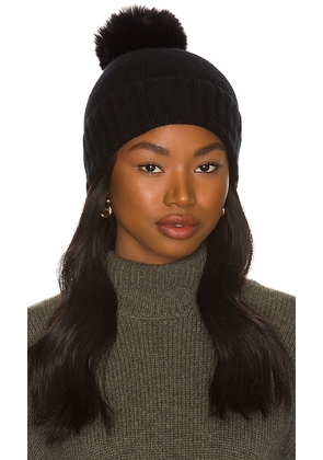 Hat Attack Cashmere Slouchy Cuff Beanie with Faux Fur Pom in Black.