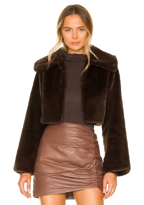 Camila Coelho Cleobella Cropped Faux Fur Jacket in Chocolate. Size XXS.