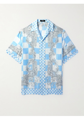 Versace - Camp-Collar Printed Checked Silk-Twill Shirt - Men - Blue - IT 44