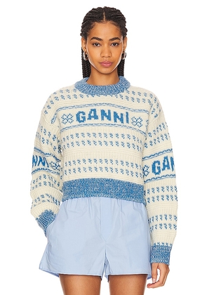 Ganni Cropped O-Neck Sweater in Blue. Size M, XXS.