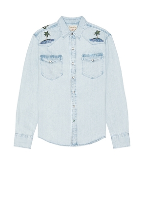 Faherty Sun & Waves Embroidered Shirt in Denim-Light. Size M.