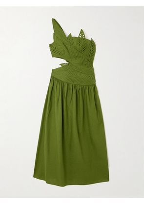 Farm Rio - One-shoulder Cutout Linen-blend Midi Dress - Green - xx small,x small,small,medium,large,x large