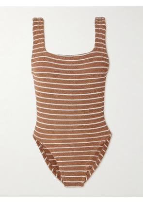 Hunza G - Striped Metallic Seersucker Swimsuit - Brown - Beachwear One Size