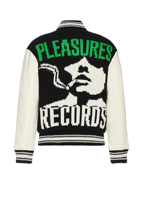 Pleasures Smoke Knitted Varsity Jacket in Black. Size L.