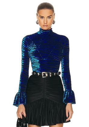 RABANNE Turtleneck Long Sleeve Top in Electric Tiger - Blue. Size 40 (also in ).