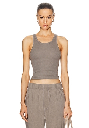 Eterne High Neck Fitted Tank Top in Clay - Taupe. Size L (also in S, XL, XS).