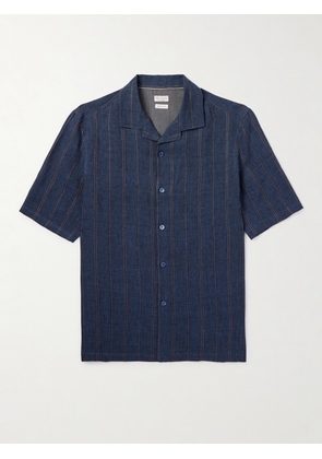 Brunello Cucinelli - Camp-Collar Embroidered Striped Linen Shirt - Men - Blue - S