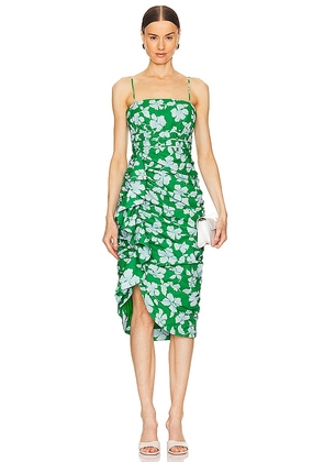AMUR Olly Ruched Midi Dress in Green. Size 10, 12, 4, 6, 8.