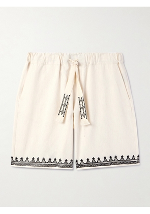 Alanui - Akasha Wide-Leg Embroidered Pinstriped Cotton-Blend Drawstring Shorts - Men - Neutrals - S