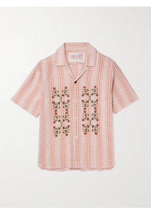 Kardo - Craft Ronen Convertible-Collar Embroidered Gingham Cotton Shirt - Men - Pink - S