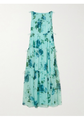 Erdem - Tie-detailed Tiered Floral-print Silk Crepe De Chine Maxi Dress - Blue - UK 6,UK 8,UK 10,UK 12,UK 14,UK 16,UK 18