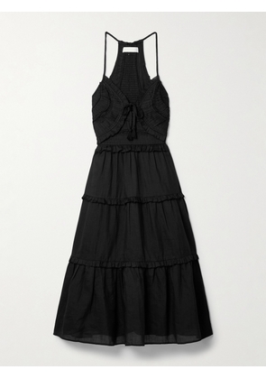 Sea - Cole Ruffled Pintucked Tiered Ramie Midi Dress - Black - xx small,x small,small,medium,large,x large