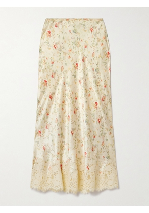 DÔEN - Elowen Lace-trimmed Floral-print Silk-charmeuse Midi Skirt - Yellow - x small,small,medium,large,x large