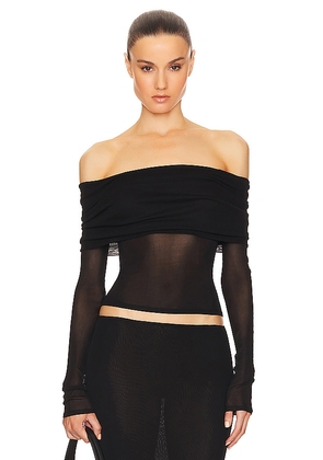 Helsa Sheer Knit Off The Shoulder Top in Black. Size M, S, XL.