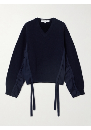 JW Anderson - Tie-detailed Cotton Jersey-paneled Ribbed Wool-blend Sweater - Blue - x small,small,medium,large,x large