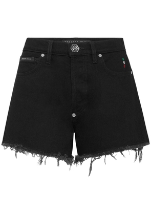 Philipp Plein logo-appliqué frayed denim shorts - Black