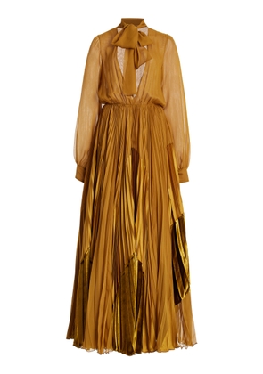 Sergio Hudson - Blouson-Tie Pleated Silk Maxi Dress - Yellow - US 2 - Moda Operandi
