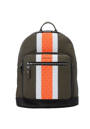 Michael Kors Neon Orange Mens Hudson Pebbled Leather And Logo Stripe Backpack