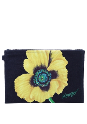 Kenzo Navy Blue Poppy Floral Printed Zipped Large Clutch Bag