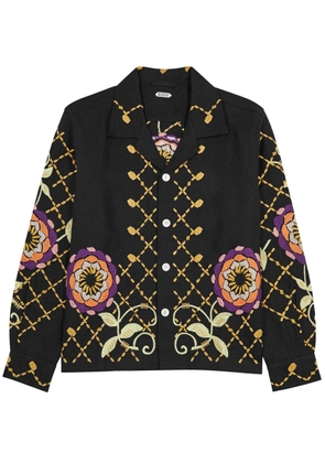 Bode Louie Floral-embroidered Linen Shirt - Black - M