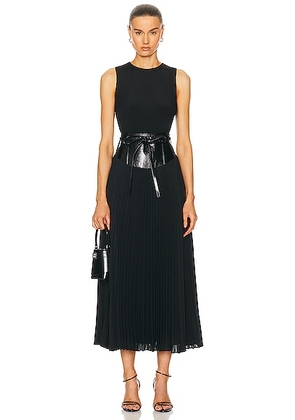 Brandon Maxwell Crew Neck Leather Belt Pleated Dress in Black - Black. Size 2 (also in ).