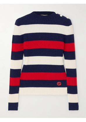 Gucci - Appliquéd Striped Ribbed Wool-blend Sweater - Blue - XS,S,M,L,XL