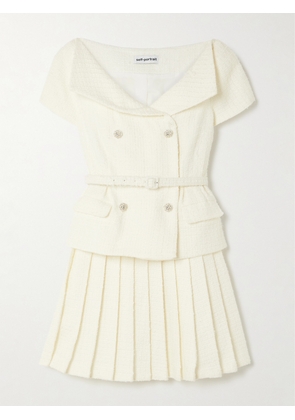 Self-Portrait - Belted Embellished Bouclé Mini Dress - Cream - UK 4,UK 6,UK 8,UK 10,UK 12,UK 14,UK 16