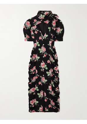 Alessandra Rich - Bow-detailed Embellished Draped Floral-print Silk Midi Dress - Black - IT36,IT38,IT40,IT42,IT44