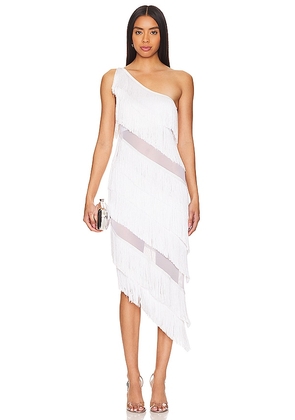 Norma Kamali Spliced One Shoulder Mid Calf Dress All Over Fringe in White. Size M, S, XL, XS.