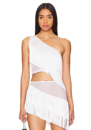 Norma Kamali Spliced Cropped One Shoulder Fringe Top in White. Size M, S, XL, XS.