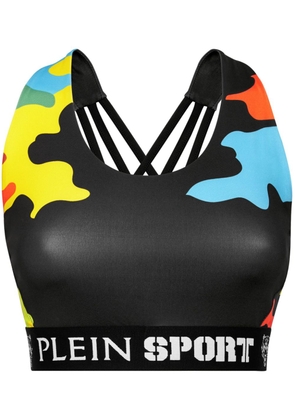 Plein Sport camouflage-print crossover-strap sports bra - Black