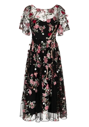Marchesa Notte floral-embroidery midi dress - Black