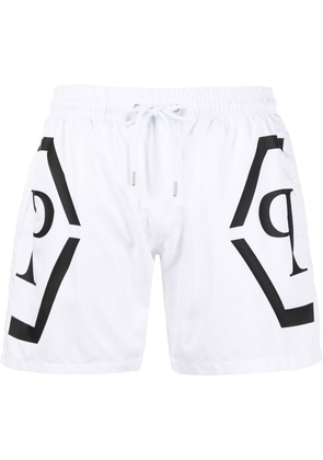 Philipp Plein logo-print drawstring-waist swim shorts - White