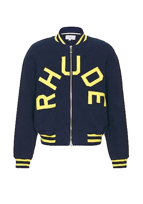 Rhude Oversized Logo Terry Varsity in Navy & Yellow - Blue. Size L (also in M, S, XL/1X).