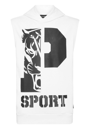 Plein Sport logo-print sleeveless cotton-blend hoodie - White