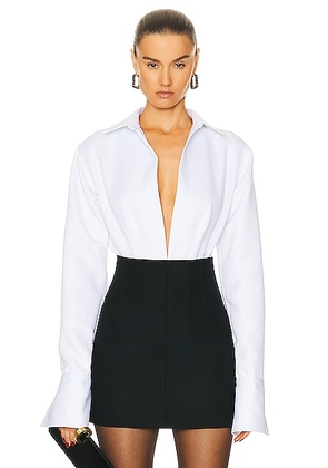 LaQuan Smith Open Front Collared Bodysuit in White - White. Size L (also in ).