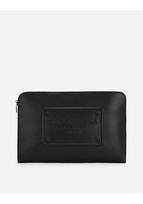 Dolce & Gabbana Large Calfskin Pouch With Raised Logo - Man Briefcase And Clutches Black Leather Onesize
