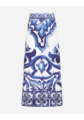 Dolce & Gabbana Majolica-print Charmeuse Calf-length Skirt With Slit - Woman Skirts Blue Silk 36