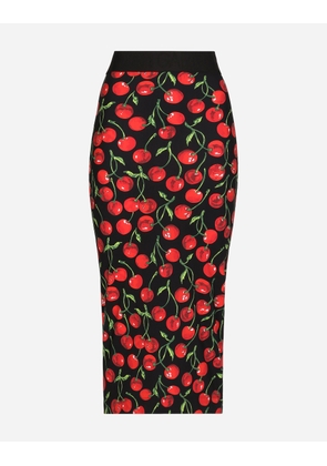 Dolce & Gabbana Technical Jersey Calf-length Skirt With Elasticated Band With Logo And Cherry Print - Woman Skirts Multi-colored Fabric 46