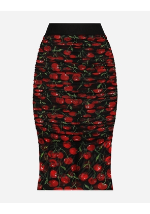 Dolce & Gabbana Cherry-print Tulle Midi Skirt With Branded Elastic And Draping - Woman Skirts Multi-colored Tulle 40