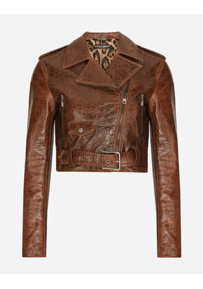 Dolce & Gabbana Coated Cotton Faux Leather Biker Jacket - Woman Coats And Jackets Brown Cotton 38