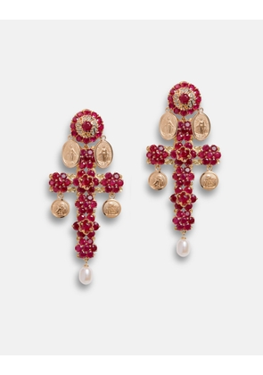Dolce & Gabbana Family Yellow Gold Cross Pendant Earrings With Rubies - Woman Earrings Gold Onesize