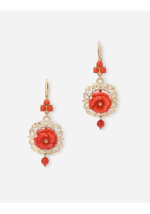 Dolce & Gabbana Coral Leverback Earrings In Yellow 18kt Gold With Coral Roses - Woman Earrings Gold Onesize