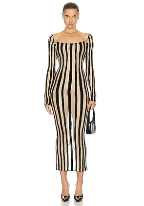 LaQuan Smith Boat Neck Striped Mid Length Gown in Nude & Black - Black,Beige. Size S (also in ).